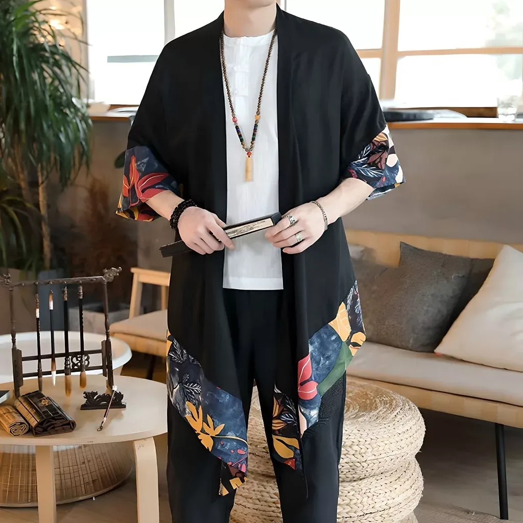 Mens-Kimono-Cardigan-Long-Haori-–-Dark-Leaves-KIMONOMO-2-min