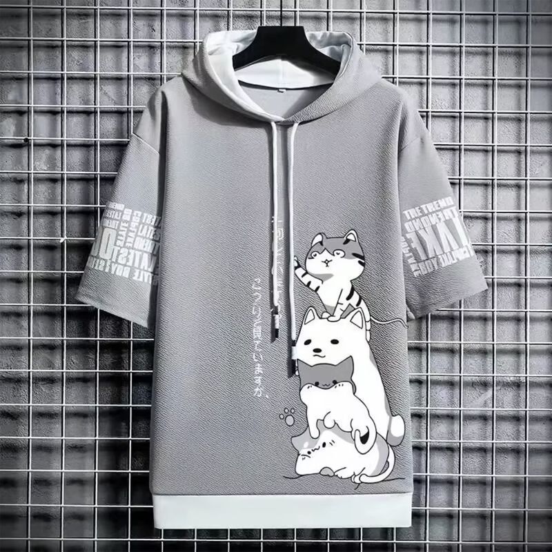 Gray_Men’s Cat Print Hooded T-Shirt